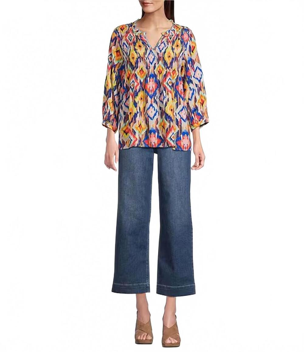NEW TRU LUXE abstract diamond ruffle split v-neck 3/4 sleeve top in multi